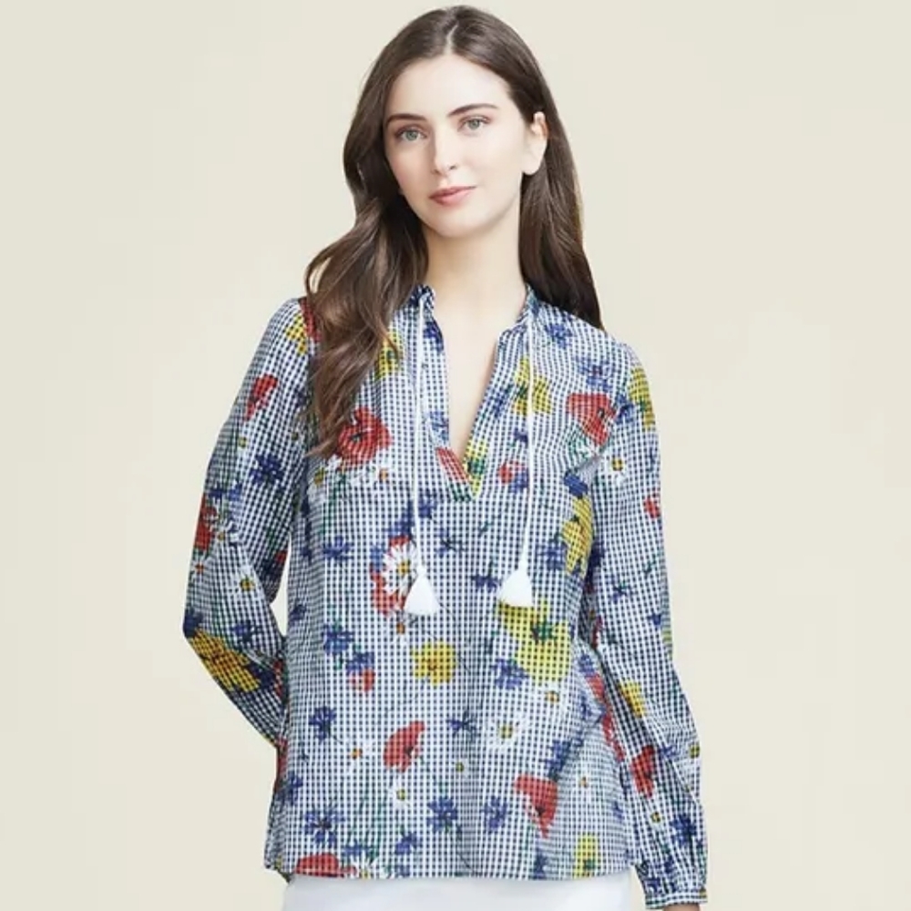 Pearl by Lela Rose Cotton Voile Peasant Top in Blue Gingham with Floral Small
